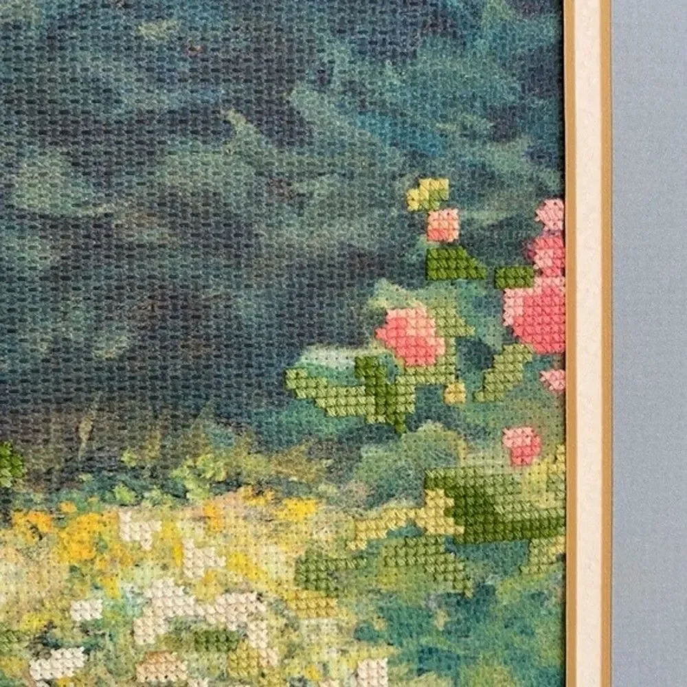 Cross Stitch Framed Wall Hanging Crewel Signed Bright Colorful Floral 18